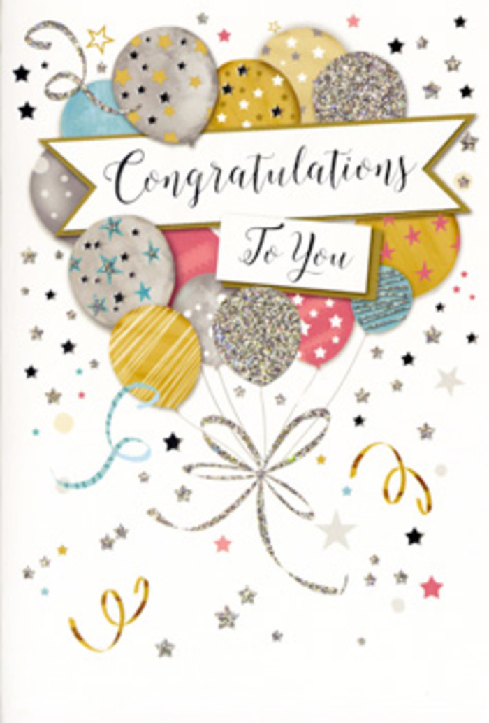 This congratulations card design presents a scene of delicate festivity that feels perfectly at home in the gracious surroundings of St James's. The front shows a generously sized bouquet of balloons, rising from the lower portion of the card and occupying most of the space in an artful, asymmetrical cluster. Each balloon is rendered with smooth, rounded contours and subtle shading that gives the impression of soft, luminous surfaces. The colour palette is quiet but luxurious: champagne gold, muted silver, light sky blue, tender blush pink, and cool grey mingle harmoniously, like evening tones reflecting off the grand façades near St James's Palace. Many of the balloons are enhanced by intricate decorative details-tiny metallic stars dotted across their surfaces, delicate stripes that wrap around their curves, and fine speckling that looks like glitter catching an invisible spotlight. Thin ribbons in shimmering gold and silver trail down from the balloon bases, curling and interweaving in loose, elegant spirals, suggesting gentle movement as if stirred by a soft breeze drifting from nearby St James's Park. At the centre of the composition, a refined banner stretches gracefully across, bearing the words Congratulations To You in flowing, calligraphic lettering that feels personal and heartfelt. Around this focal arrangement, you can see a scatter of small stars, dots, and swirling lines against a pale, unobtrusive background, evoking the joyful scatter of confetti at the close of a celebration. The overall impression is one of quiet pride and elevated joy, suitable for everything from professional achievements in the West End to personal milestones celebrated closer to home. Crafted with the eye of a professional florist, this style of card pairs beautifully with elegant arrangements prepared for same-day delivery around St James's, Mayfair, and nearby Westminster.