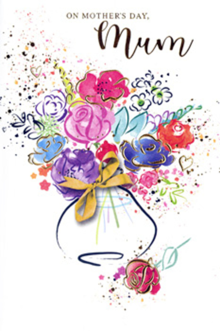 The illustration on this Mother's Day card presents an exuberant, painterly bouquet that seems to hover in the centre of the page, as though freshly imagined by a St James's florist inspired by the seasonal displays near Jermyn Street. At the heart of the image, generous strokes of rich cerise, rosy pink, and warm fuchsia form a cluster of blossoms that feel both lush and free. Deep indigo brush lines loop and curl around them, defining petals with a calligraphic grace, while smaller dabs of green hint at leaves tucked between the flowers. Pools of lavender, periwinkle blue, and delicate mauve drift through the composition, softening the intensity of the brighter hues, much like cool-toned filler stems balance out a vibrant bouquet on the workbench. Throughout the piece, slender ribbons of gold trace highlights and outlines, giving the flowers a refined shimmer that catches the eye, reminiscent of the gentle gleam of evening light across the nearby grand facades. The blooms appear to gather into a rounded vase at the bottom, suggested by a wash of colour and completed by a neat golden bow that recalls a carefully tied ribbon before a doorstep delivery in SW1. Surrounding the arrangement, scattered paint splashes and tiny hearts expand into the white space, suggesting movement, warmth, and the ripple effect of kindness that a mother's love often has. The artwork feels like a cherished sketch from a florist's notebook-capturing not just the look of flowers, but the emotion behind gifting them on Mother's Day in the heart of London.