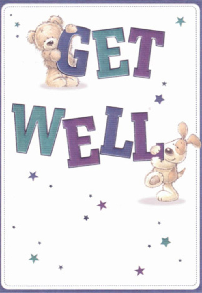 Effervescent with sincerity and childlike joy, this illustrated get well card reflects the uplifting atmosphere of St James's, full of neighbourly kindness and optimism. Captured against a backdrop of pure white, the central scene is animated by a plush bear and a perky puppy-their fur rendered with such softness that the texture feels almost within reach. The bear's gentle smile and comforting posture are mirrored in its perch atop the strong purple 'GET,' while the friendly pup supports the teal-shadowed 'WELL' beneath, their affectionate interaction reminiscent of friends extending support along Piccadilly or greeting one another over coffee near St James's Square. Overhead and around, whimsical stars in layered blues and violets shimmer gently, casting a hopeful light across the card and hinting at all the possibility of brighter days ahead. The big, rounded lettering feels sturdy and inviting, its energetic shadows and careful colour selection working together to broadcast comfort and cheer. As a local florist, it brings to mind the loving attention given to assembling a bouquet-every flower, green sprig, and ribbon meant to reassure and uplift, just like this vibrant card. It's a heartfelt gesture, equally at home paired with a bouquet for a loved one recovering in St James's or shared across the miles with someone who needs a smile.