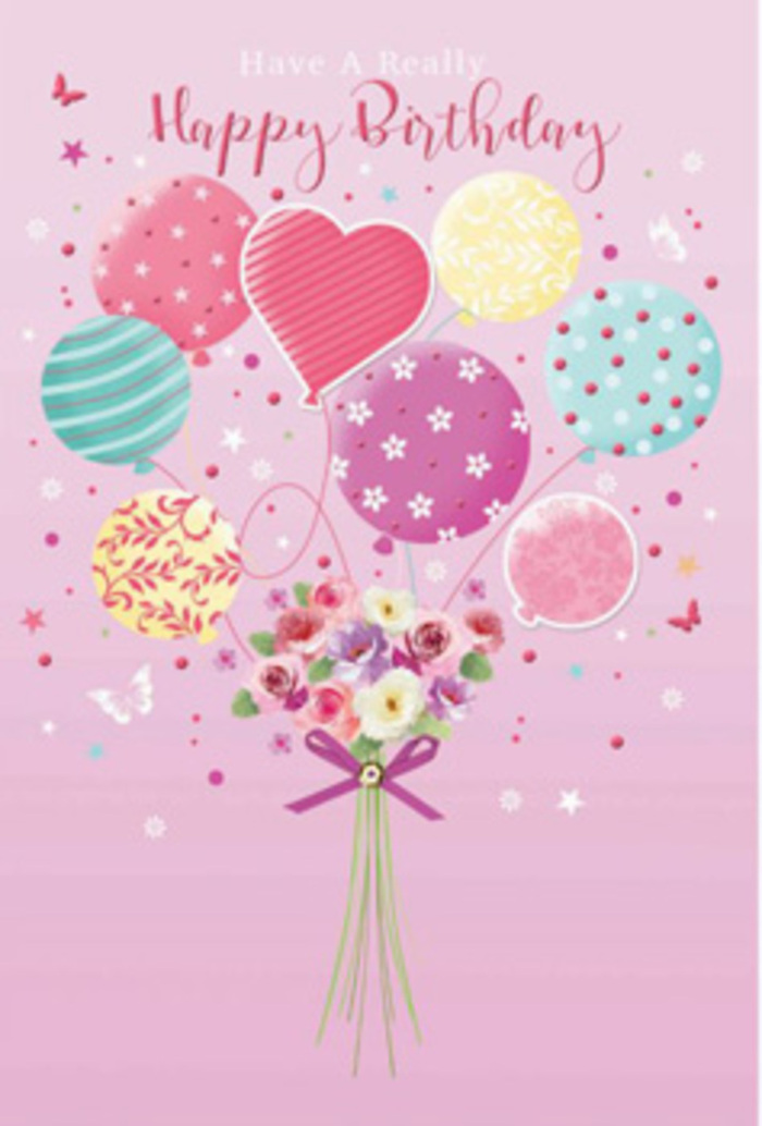Graceful birthday illustration showcasing pastel balloons lifting a dainty bouquet, evoking the timeless, slightly theatrical charm of St James's. The scene is set on a soft pink canvas, glowing as if under the flattering light of an early evening gathering near St James's Theatre or one of the elegant galleries tucked behind Pall Mall. A cluster of balloons rises from the base, each one a little work of art: some swirl with candy-coloured stripes, others are dotted with playful spots or patterned with miniature blossoms, all in refined hues of pale sunshine, rosy fuchsia, sea green, and lavender. Their surfaces reflect a gentle sheen, suggesting a smooth, almost satin texture. Below them, a hand-tied bouquet brings the eye to rest-petite roses and daisy-like blooms nestle together in creamy ivory, blush pink, and soft mauve, their petals shaded as though just kissed by morning light. The stems are gathered with precision and finished with a sparkling purple bow, its loops and trailing ends recalling the finishing touches a St James's florist might add for a bespoke birthday delivery to a nearby club or private residence. Around the bouquet, tiny stars and butterfly-like shapes float as if caught in a slow, celebratory breeze. The entire composition feels composed yet light-hearted, a quiet jubilation that speaks of thoughtful gestures and cherished milestones marked in the heart of London's historic St James's district.