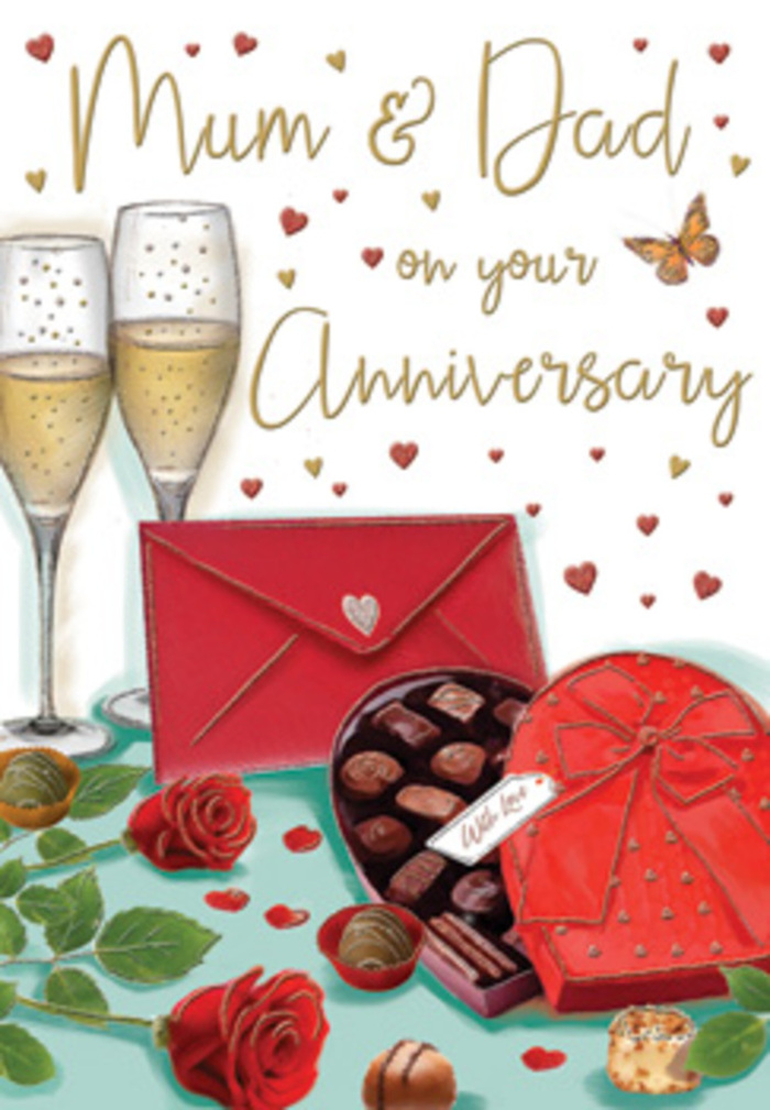 This anniversary card artwork is an elegant, romantic vignette that could easily mirror a celebratory table set just off St James's Square, painted with warm reds, greens, and touches of gold. At the heart of the composition lie two full-bodied red roses, gently placed on a simple surface. Their petals are drawn in rich shades of crimson and ruby, curling outward with soft edges and layered folds that speak of freshness and softness, the kind a skilled florist in St James's would carefully choose for an important family occasion. Dark, glossy green leaves frame the flowers, each one highlighted to show a slight sheen, evoking the cooling, leafy scent that mingles with the sweetness of roses. To the side sits a heart-shaped chocolate box, its smooth lid tipped open to reveal a carefully arranged assortment of truffles. The chocolates vary slightly in tone, from milk to dark brown, with subtle highlights that suggest silky coatings and indulgent centres. A bold red ribbon is wrapped around the box, tied into a generous bow whose flowing tails sweep across the illustration, adding a sense of movement and celebratory flair. Behind this, two elegant champagne flutes rise side by side, their slender stems aligned as if in quiet solidarity. They are filled with a pale golden drink, bubbles rising in delicate streams that appear frozen in the instant before a toast. Reflections on the glass hint at soft, ambient lighting, similar to the warm glow from restaurants tucked behind Piccadilly. Drifting across the background, tiny gold and crimson hearts surround an affectionate Mum & Dad inscription, written in a script that feels both refined and heartfelt. A scarlet envelope lies nearby, sealed and neatly angled, hinting at an intimate, handwritten anniversary message waiting to be opened. The entire scene conveys an atmosphere of gratitude, romance, and the gentle luxury of marking another year together.