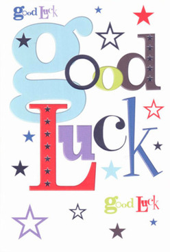 This thoughtfully designed good luck card radiates St James's signature poise and optimism, each font and colour selected with an artful eye befitting the area's refined character. The large, poetic baby-blue 'g' signals playful intent, offset by rich reds and classic violets that echo the hues found in historic shopfronts nearby. Across the bright white surface, stars in indigo, sky blue, and lavender appear as if conjured from secret corners of St James's Park at twilight, adding a hint of enchantment. The mixture of energetic fonts and rich colour delivers more than a well-wish-it channels encouragement as layered and sincere as a neighbour's supportive handshake. The velvety smooth texture invites touch, grounding the design in tangible warmth and intention. Whether crafted for milestones or life's daily victories, this card-perhaps delivered with a bouquet to an office near Piccadilly-imbues every note with the grace and dignity unique to St James's community life.
