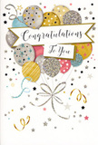 The image depicts a congratulations card whose front design combines playful balloons with a refined St James's sensibility. Dominating the scene is a festive bouquet of rounded balloons gathered in the centre, their shapes soft and full, overlapping one another the way real balloons would when held in a gentle bunch. The colours lean toward sophisticated pastels and metallics-soft champagne gold, brushed silver, pale sky blue, delicate blush pink, and cool grey-each balloon shaded to appear smooth and slightly reflective, like satin under subdued gallery lighting near St James's Square. Some balloons are embellished with tiny metallic stars, others with slim, glitter-like stripes, while a few carry a light dusting of speckles that hint at shimmer without overwhelming the design. From each balloon, slender ribbons in gold and silver drop downward in lazy curls, weaving together as they reach toward the lower edge of the card, as if loosely tied just out of sight. Across the centre, a gently curved banner stretches horizontally, carrying the words Congratulations To You inscribed in elegant, flowing script that suggests warmth and sincerity. Surrounding this central motif, scattered stars, dots, and swirling decorative lines dance across a soft, neutral background, suggesting celebratory energy without clutter. The feeling is that of a polished yet heartfelt celebration-something you might choose to mark a promotion in a nearby office, a successful audition, or a graduation event held not far from Piccadilly. As an experienced local florist serving St James's, I'd match this card with chic bouquets that mirror its gentle glamour, creating a complete, thoughtful congratulations gift for delivery across the area and neighbouring Mayfair.