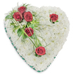 A tender, heart-shaped memorial spray rendered in soft white chrysanthemums forms the entire cushion of this arrangement, each small bloom tightly set to create a pillowy, cloud-like surface that reads as purity and peaceful repose. Against this tranquil white foundation a diagonal flourish of five deep red roses provides a measured, poignant contrast: a cluster of three blooms sits toward the upper left, closely nestled among glossy green leaves and delicate fern-like fronds, while single roses rest near the upper right curve and at the pointed base of the heart. Slender blades of bear grass and a few tiny white filler flowers arc gently from the cluster, adding graceful lines that lead the eye across the design. An emerald-green satin ribbon trims the edge, a fine, deliberate frame that both defines the heart and lends a quiet, dignified colour note. The composition is softly lit from above on a clean white background, the lighting revealing the chrysanthemum texture and the satin's subtle sheen while casting gentle shadows that enhance depth. The scent is imagined-cool green notes from the foliage underpin the warm, classic perfume of fully opened red roses-evoking respect and enduring affection. This is the kind of traditional funeral tribute you might see placed near the altar at a service in St James's or laid at a graveside after a ceremony at a nearby church, chosen to express love, remembrance and solemn support. A local florist would note the meticulous handwork: each chrysanthemum secured to hold its shape, the roses positioned to read like single, reverent statements of devotion within the whole heart.