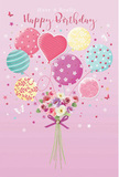 Charming birthday artwork depicting pastel balloons and a flowering bouquet, styled with the polished whimsy that suits St James's and its elegant streets. The background is a soft, powdery pink, offering a calm backdrop for a lively gathering of balloons that rise as if buoyed by laughter from a nearby birthday toast on Jermyn Street. Each balloon has its own design: some twirl with candy-like stripes, others sparkle with dots, and at the centre a heart-shaped balloon radiates warmth in gentle rosy tones. The colour palette blends blush pinks, mint greens, lemon yellows, and delicate lilacs, all touched by a soft, diffused light. At the base, a lush bouquet anchors the scene, filled with small roses and anemone-like blooms in ivory, pale blush, and muted mauve, their petals feathery and layered, suggesting a fresh, subtle fragrance like flowers waiting in a cool St James's shop. Slender stems are neatly tied with a violet satin bow that catches the light, adding a refined finishing touch. Around the bouquet drift tiny stars and butterfly motifs, giving the impression of fairy-tale confetti lingering in the air. Together, the balloons and flowers create a sense of bright yet gentle festivity-an image that captures the feeling of sending beautifully prepared birthday wishes across St James's, blending playful joy with understated sophistication.