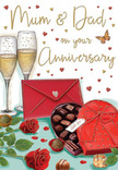 The illustrated anniversary card depicts a richly detailed celebration scene, as if a romantic moment in a St James's flat has been distilled into a single image. At the centre, two sumptuous red roses rest on a tabletop, their petals rendered with careful shading that moves from deep, wine-red at the core to softer scarlet at the outer edges. Each petal curls and overlaps the next, creating a sense of lush volume and velvety texture, reminiscent of a freshly delivered bouquet from Flowers St James's. Encircling the blooms are smooth, dark green leaves that fan out gracefully, with fine veining and highlights that suggest a cool, glossy surface and the quiet freshness of cut foliage. Beside the roses, a heart-shaped chocolate box adds a note of indulgence; its lid sits open just enough to reveal an orderly collection of rounded truffles. The chocolates glisten with painted highlights, evoking rich fillings and a lingering cocoa aroma. A luxurious red ribbon wraps the box and forms an expressive bow, its soft curves and flowing tails echoing the romantic lines of the rose petals. In the background, two tall champagne flutes stand close together, filled with golden fizz. Tiny bubbles rise through the liquid, and delicate reflections on the glass give the impression of dim, flattering light, perhaps from candles on a St James's dinner table or the glow from nearby theatre lights. Scattered around the composition are tiny hearts in shades of crimson and gold, gently framing the hand-lettered dedication to Mum & Dad, which appears in an affectionate, flowing script. A scarlet envelope rests nearby, sealed and angled as if just set down after being lovingly addressed. The overall impression is one of warmth, romance, and quiet celebration, capturing that soft, contented feeling of toasting another shared year together.